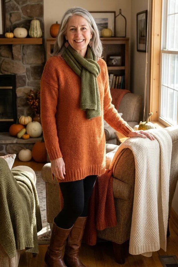 Fall sweater outfit idea 64 for women over 60: rust sweater with green scarf and brown boots