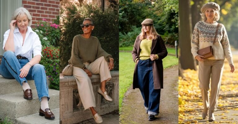 Collage of fall wardrobe essentials for women over 50: trench coats, wool coats, knit sweaters, blazers and boots