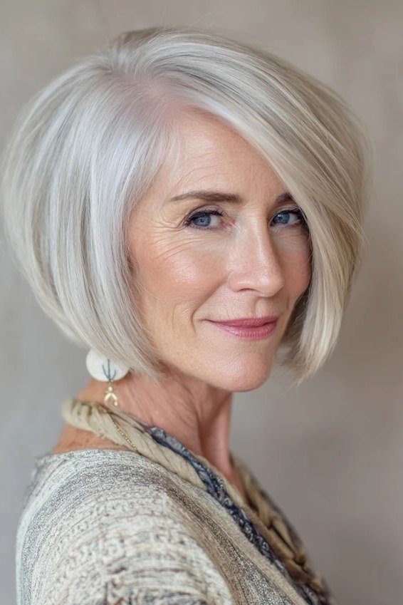 Side-Swept White Silver Bob for women over 60