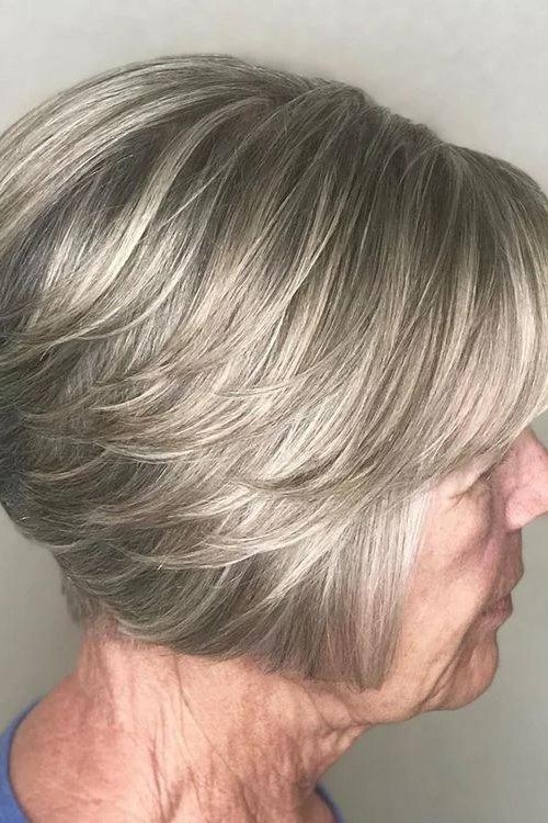 Grey Blonde Layered Pixie Bob for women over 60