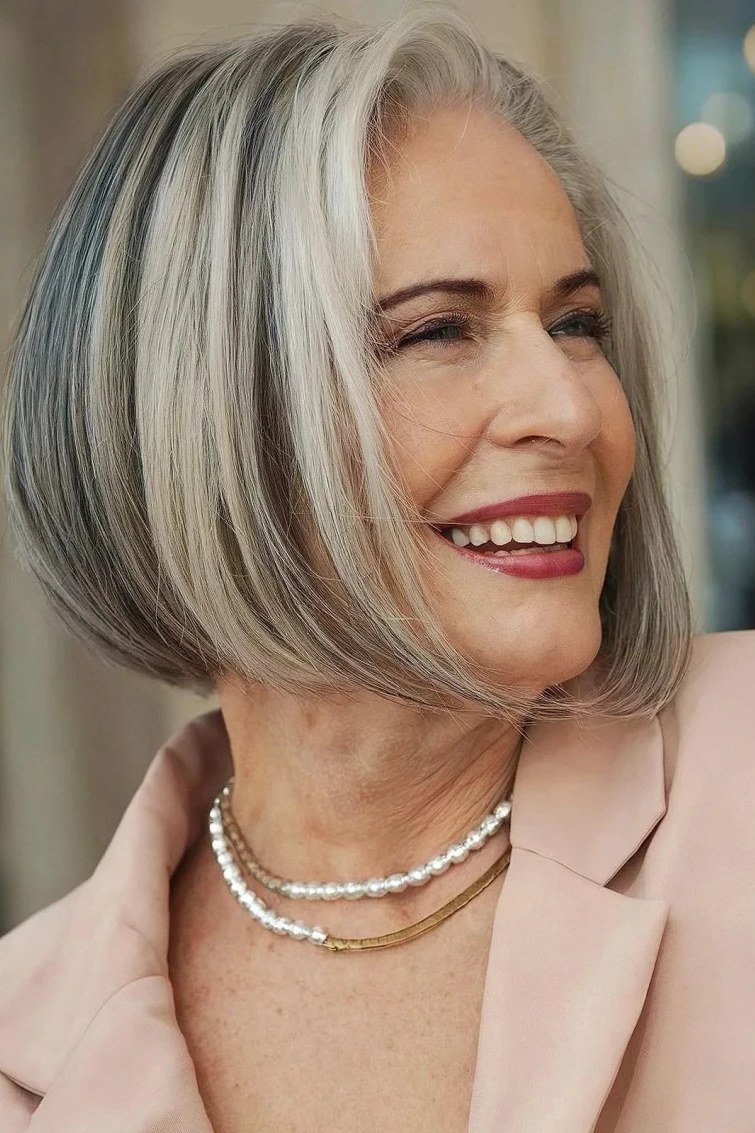 Chin Bob with Grey Blonde Highlights for women over 60