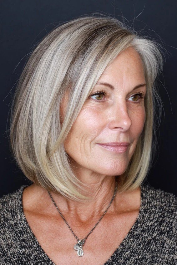 Wavy Grey Blonde Lob for women over 60