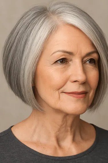 Sleek Grey Blonde Chin Bob for women over 60
