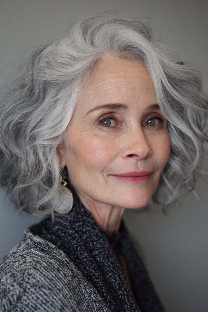 Curly Grey Chin Bob for women over 60