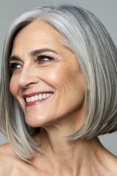 Smiling Sleek Grey Blonde Bob for women over 60
