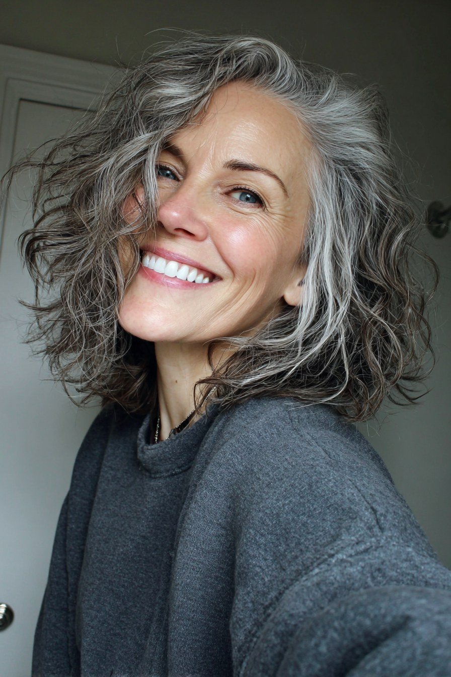 Curly Grey Blonde Chin Bob for women over 60