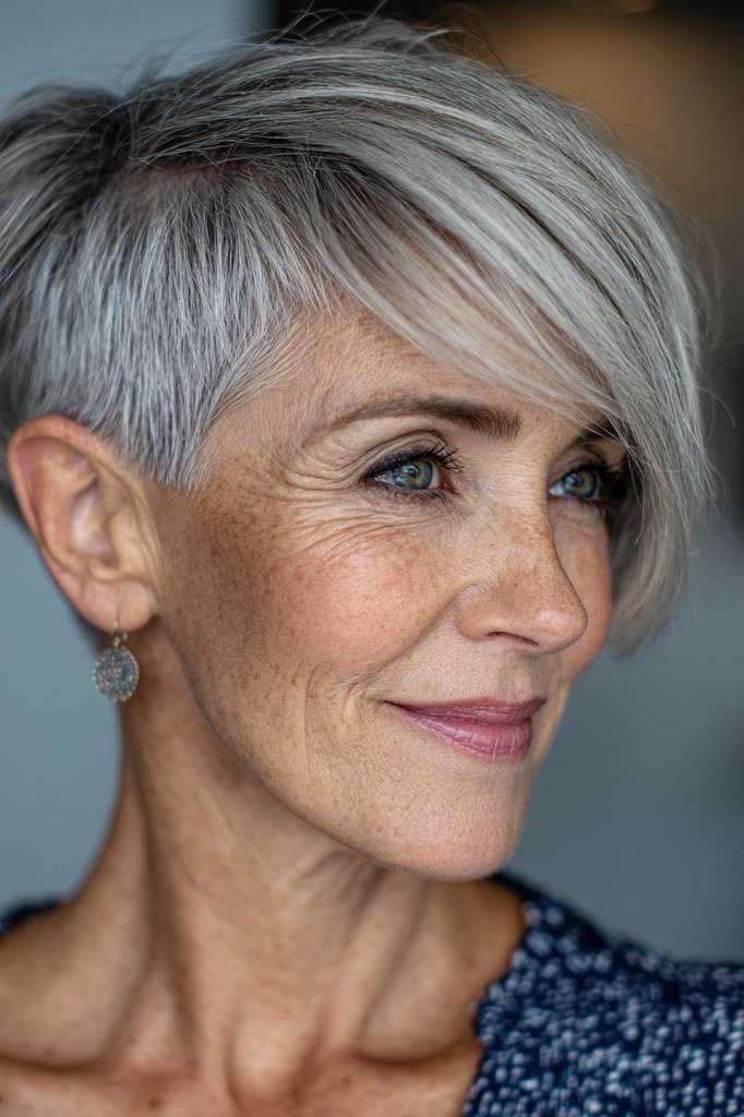 Grey Pixie with Long Swept Fringe for women over 60
