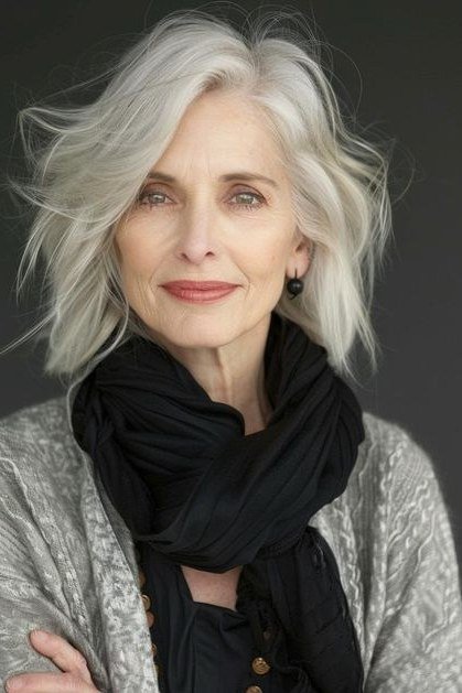 Wavy Grey Blonde Lob for women over 60