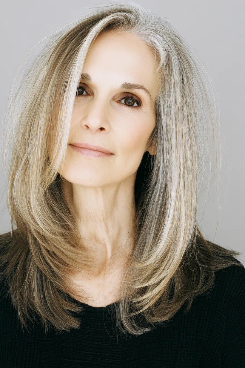Grey Blonde Balayage Long Layers for women over 60