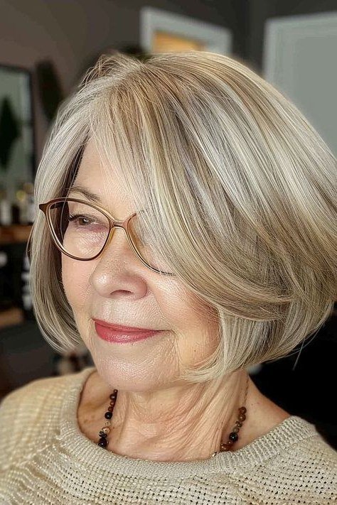 Blonde Layered Bob with Glasses for women over 60