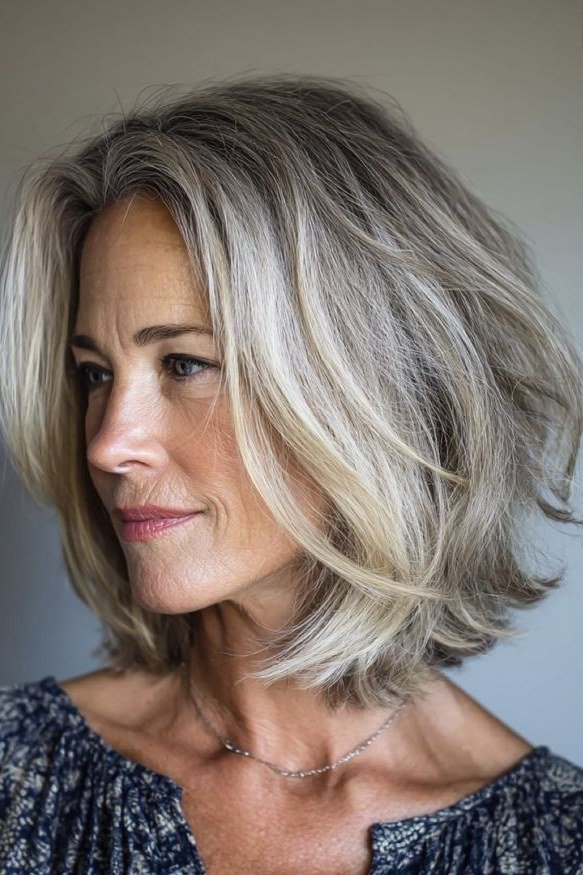 Grey Blonde Wavy Bob for women over 60