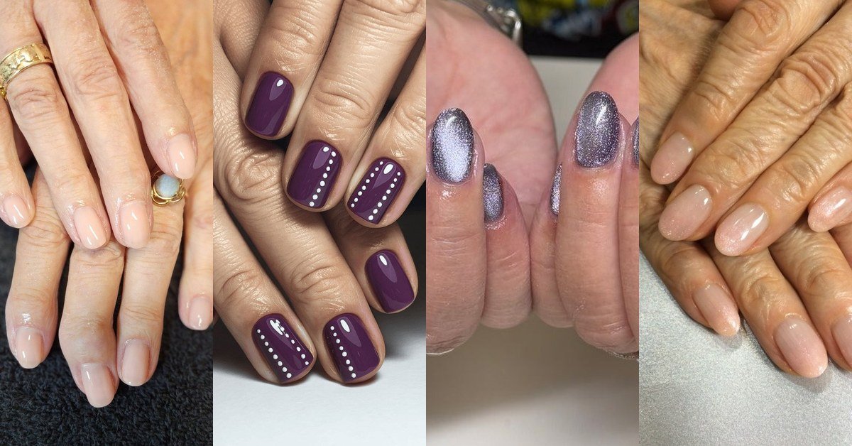 Collage of gel nail designs for women over 50 - white, purple, silver and nude manicures