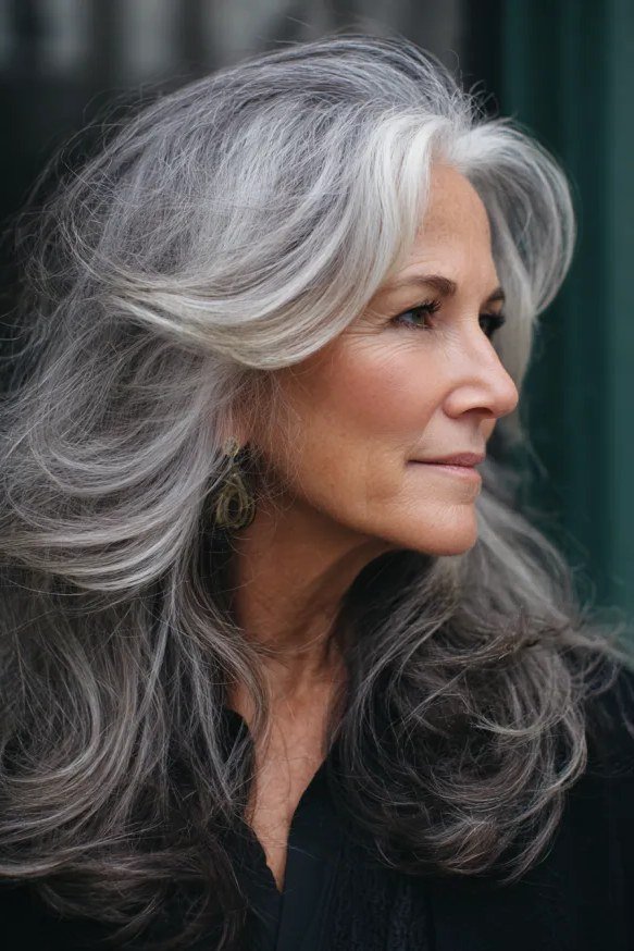 Long wavy salt-and-pepper hair with silver highlights on older woman, side profile view