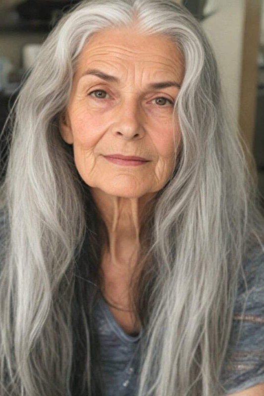 Very long straight silver hair parted in the middle, front view of older woman