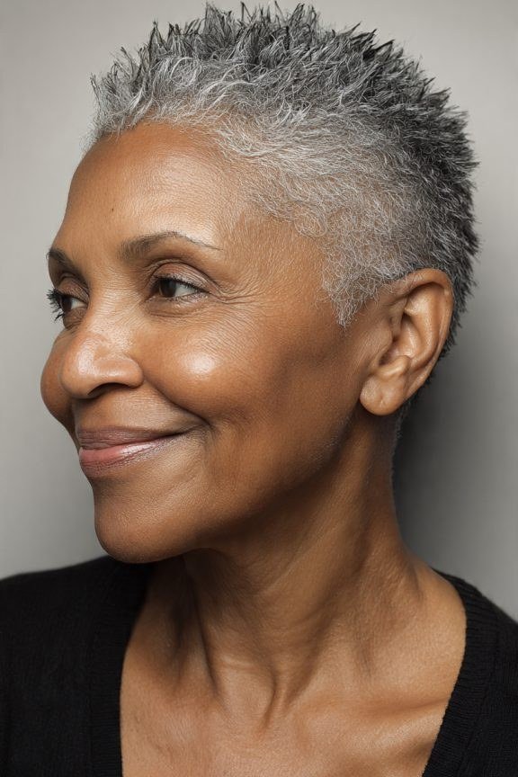 Very short textured silver crop haircut on older Black woman, side view