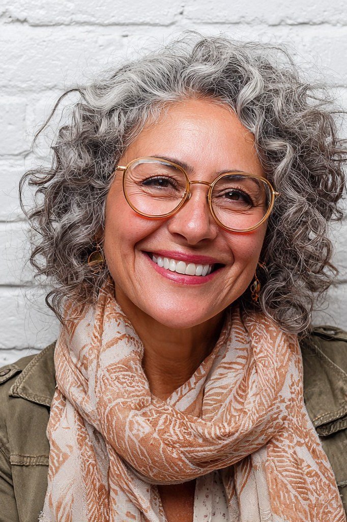 Curly grey bob with bouncy curls on smiling woman wearing round glasses