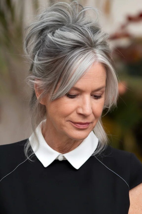 Voluminous grey top knot bun with face framing pieces, front view