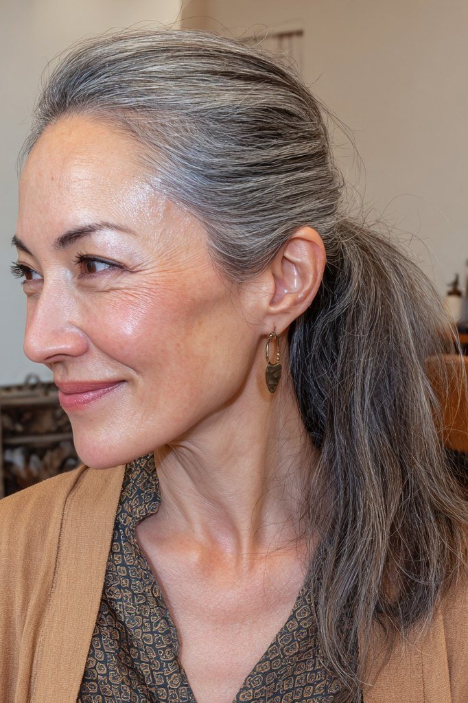 Sleek long grey ponytail hairstyle, side view of older woman