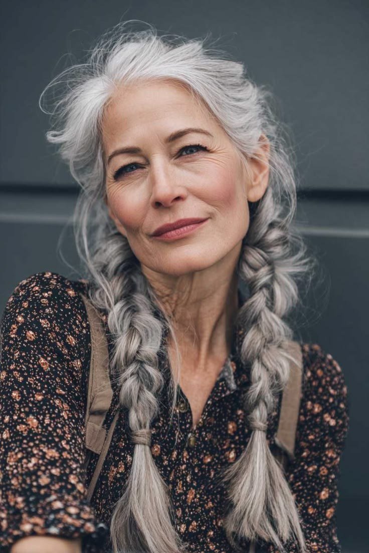 Long silver double braid hairstyle on older woman, front view