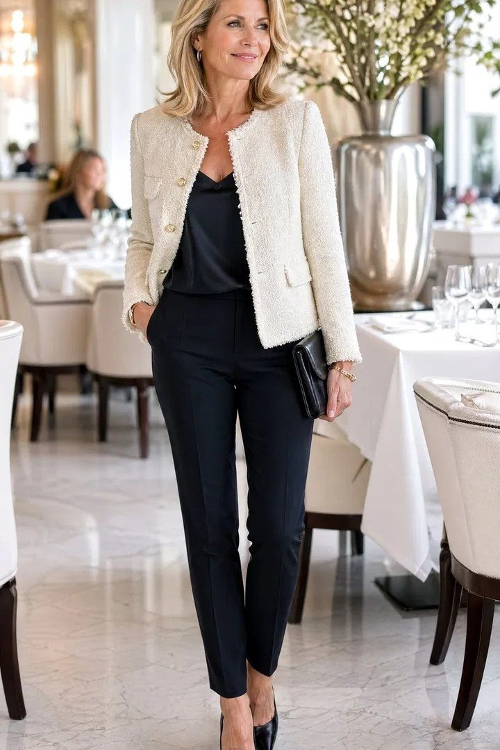 Older woman in white blazer, black top and navy trousers at a restaurant