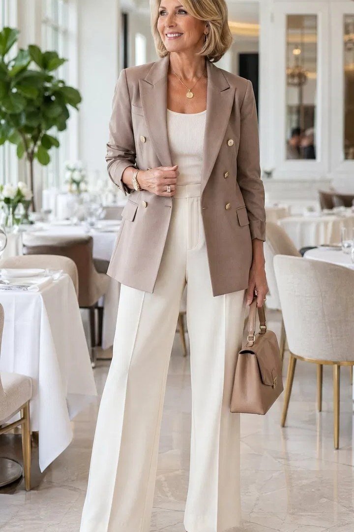 Older woman in beige blazer, white top and ivory wide-leg pants