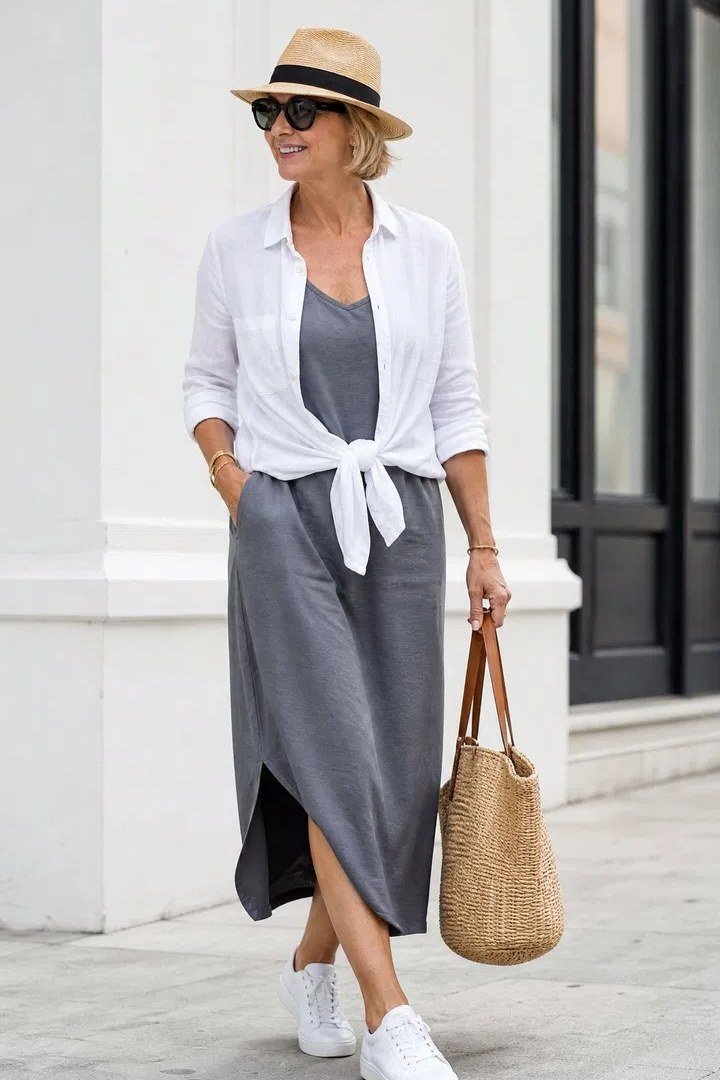 Senior woman in white shirt over gray dress with straw hat and sneakers