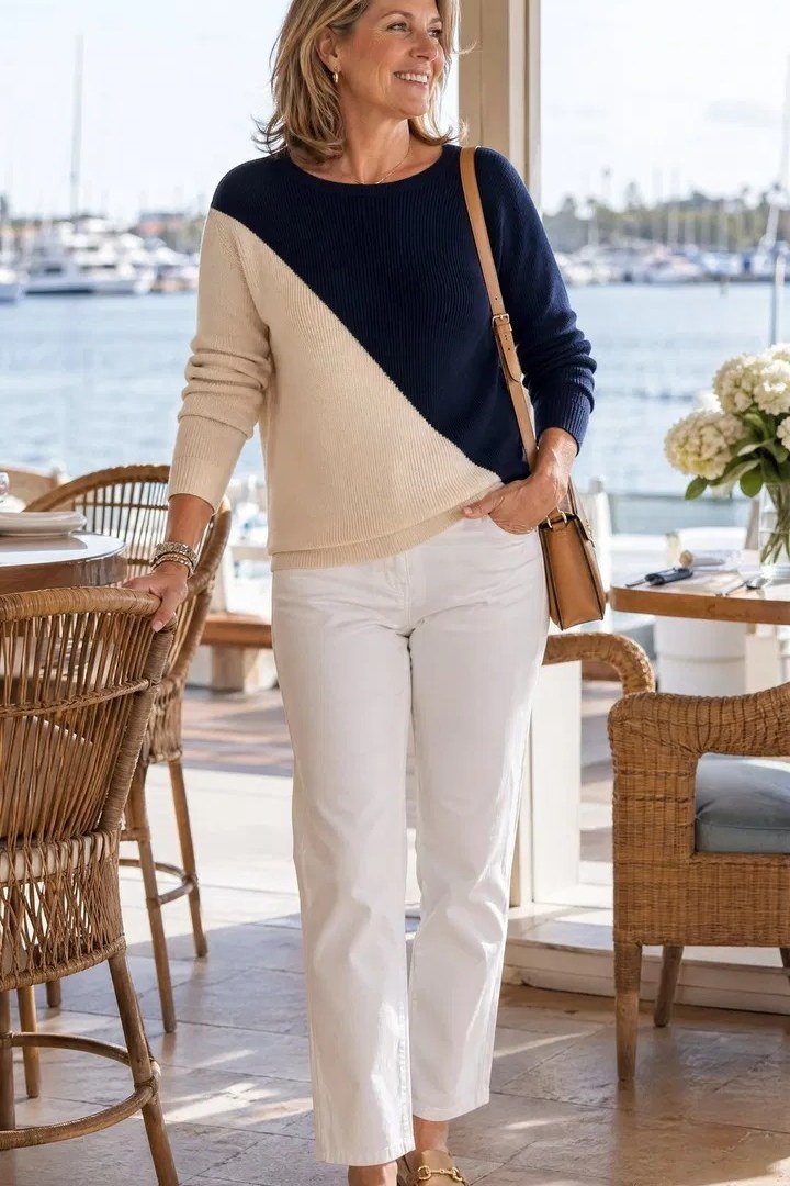 Older woman in navy and cream colorblock sweater with white jeans