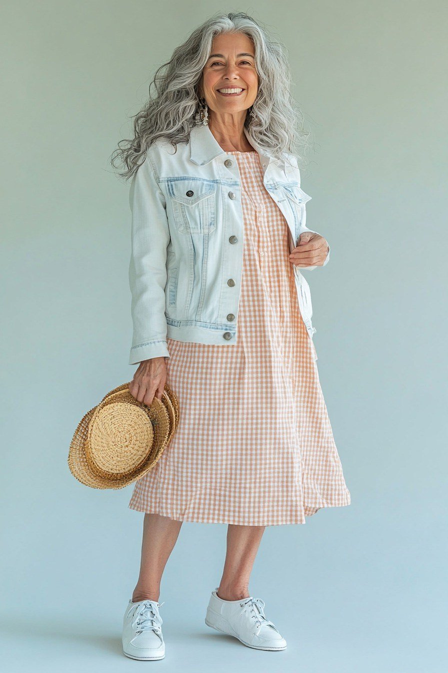 Woman over 70 in denim jacket, pink gingham dress and sneakers