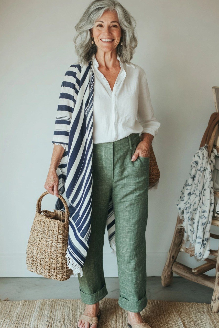 Older woman in white shirt, green linen pants and striped shawl