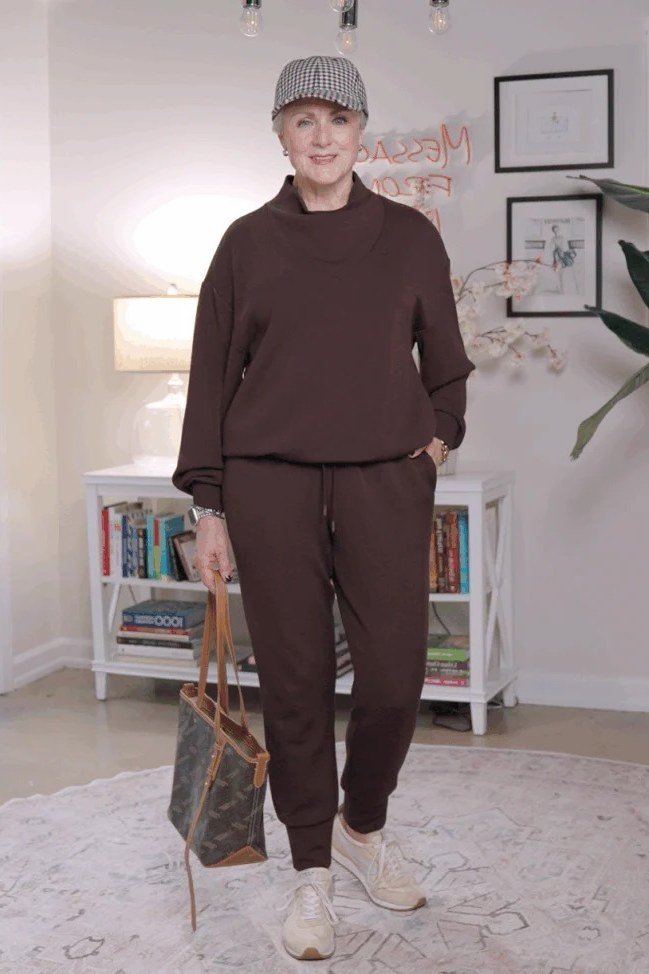 Senior woman in chocolate brown lounge set and cap