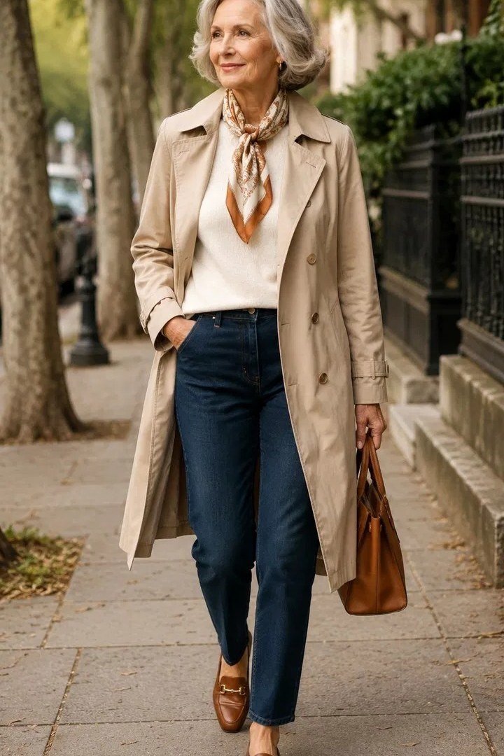 Woman over 70 in beige trench, white top and jeans