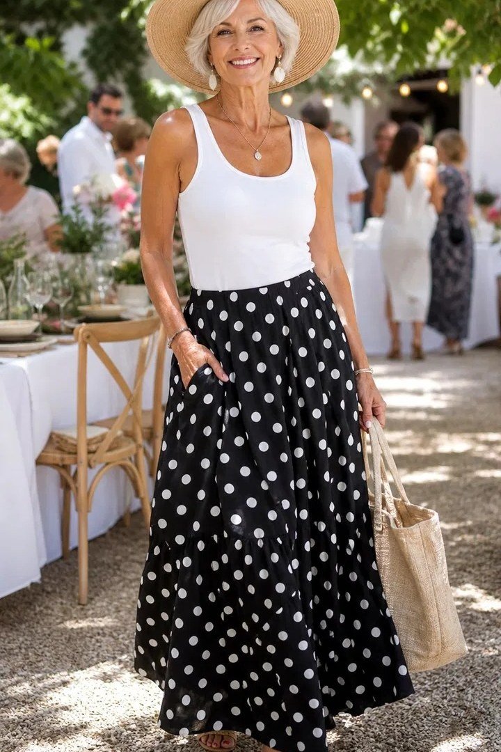 Senior woman in white tank and polka dot maxi skirt with straw hat