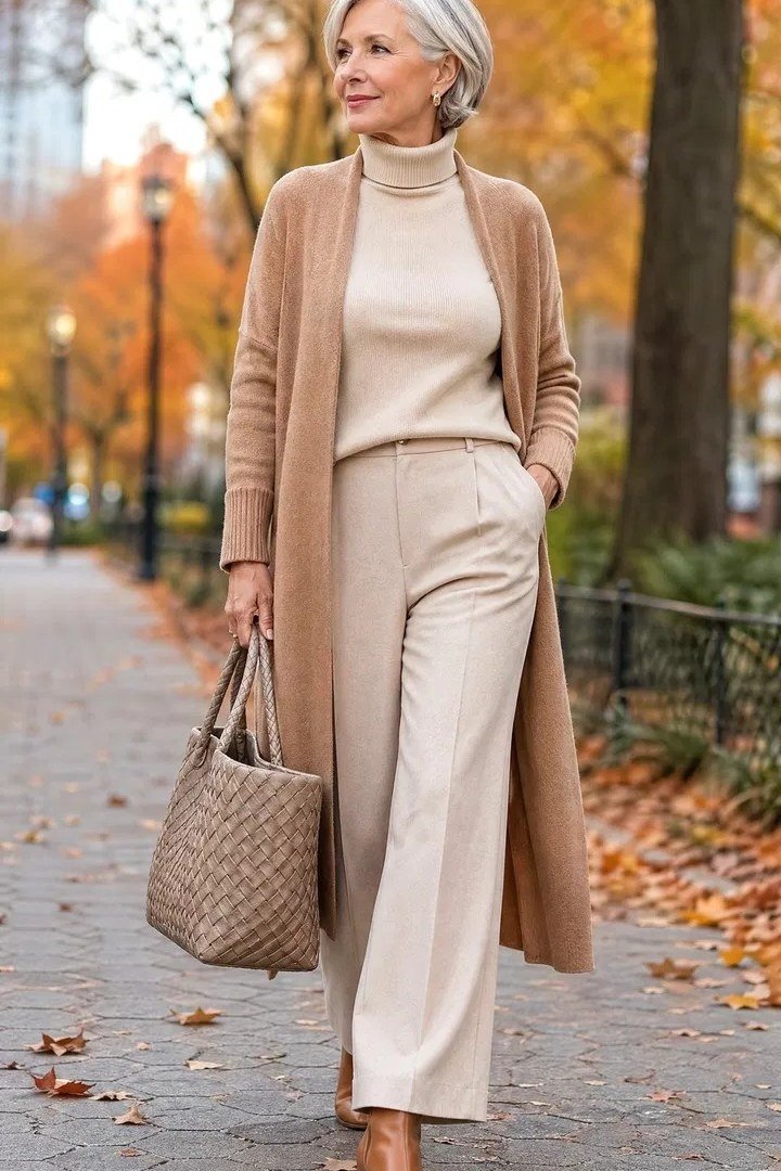 Woman over 70 in camel coat, cream turtleneck and cream pants in autumn