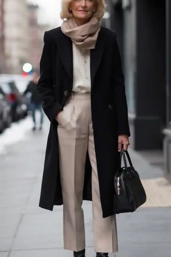 Woman over 70 in black coat, taupe scarf and beige pants