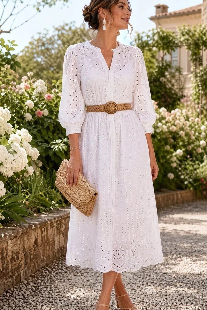 Older woman in white broderie dress with tan belt in a garden