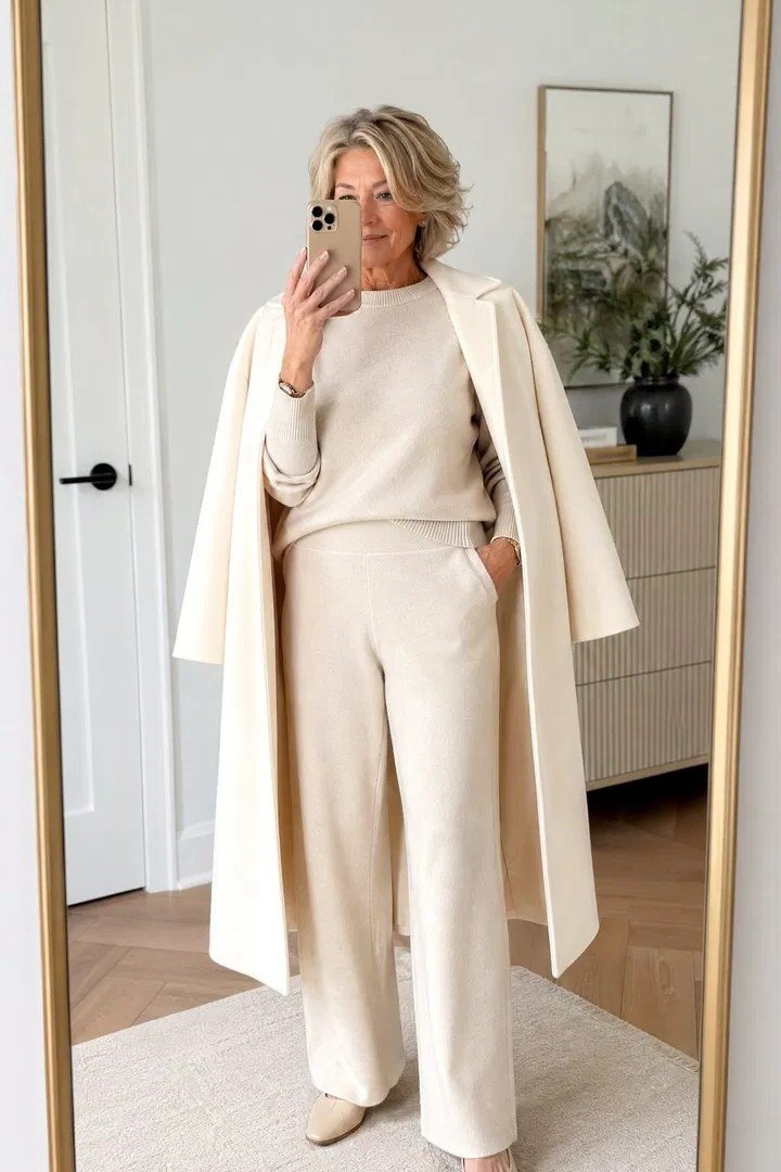 Woman over 70 in cream knit set and long cardigan in a mirror