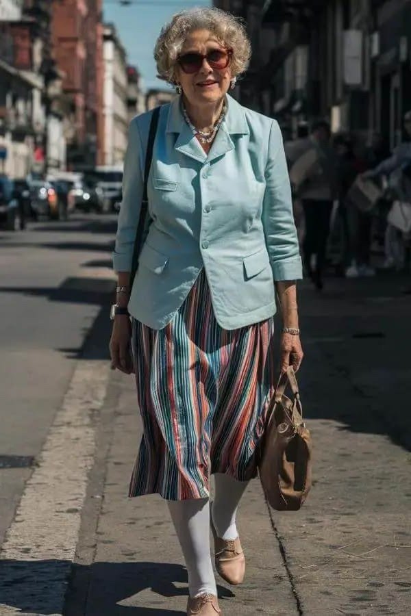 Older woman in mint blazer and striped midi skirt on the street