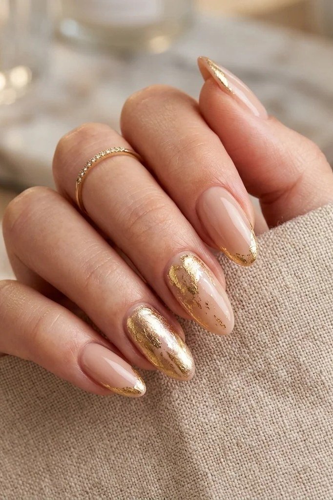 Champagne nude almond nails with gold foil accent nail and gold foil tips, classy gold wedding nails