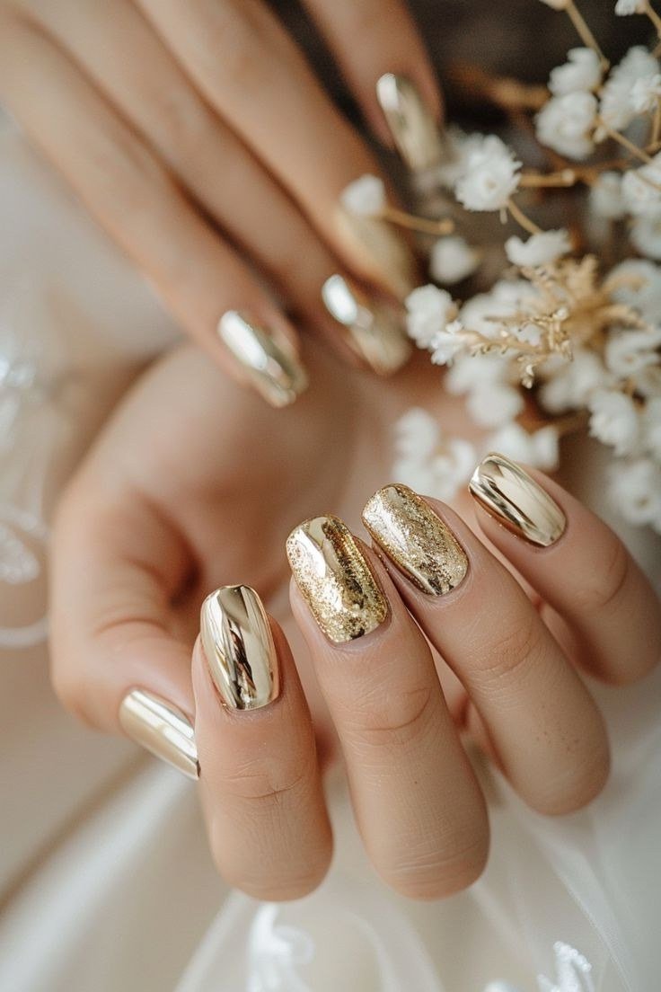 Textured gold glitter nails with tiny white flowers beside mirror metallic nails, bridal gold nail art