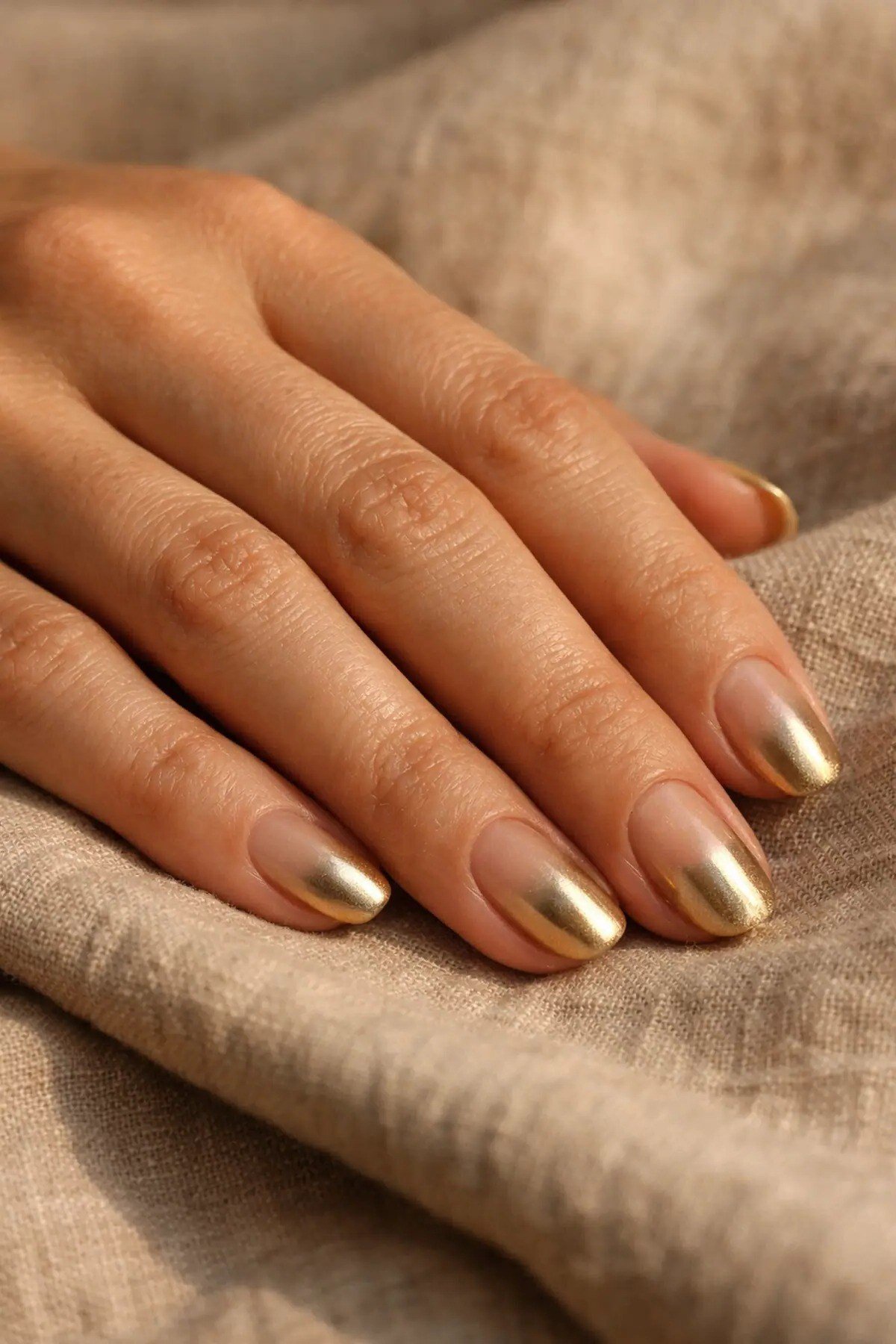 Gold chrome fade French tips on short nude oval nails, simple gold wedding nails