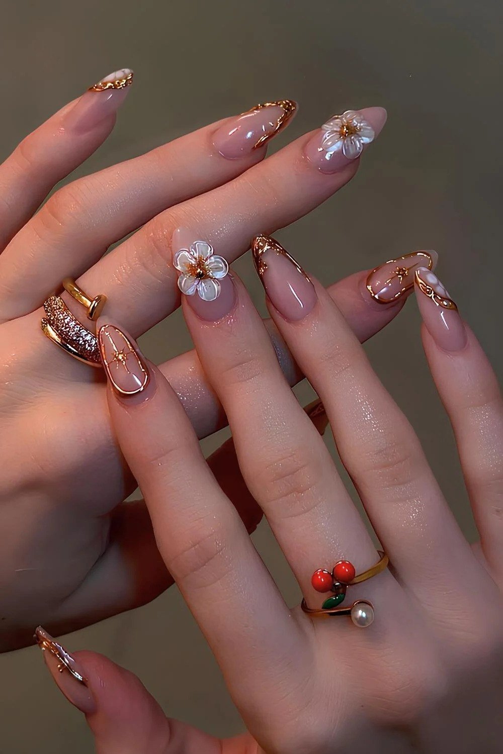 Pink nails with gold floral wedding nail art and 3D white flowers, romantic bridal gold nails