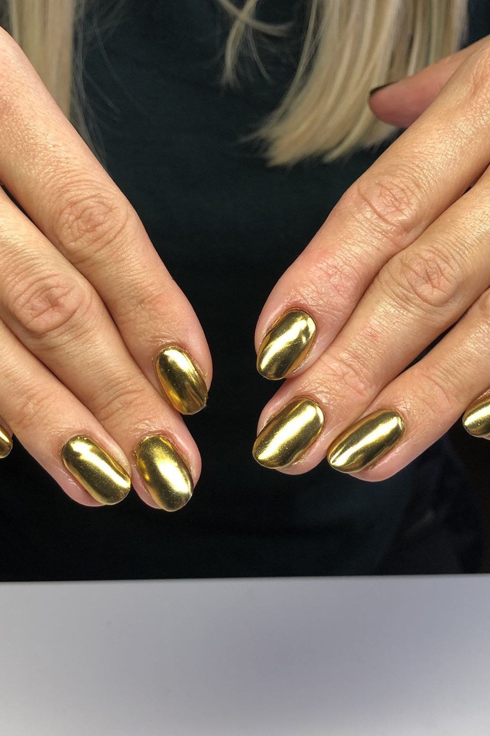 Full gold chrome nails on short natural nails, easy gold nails for older women