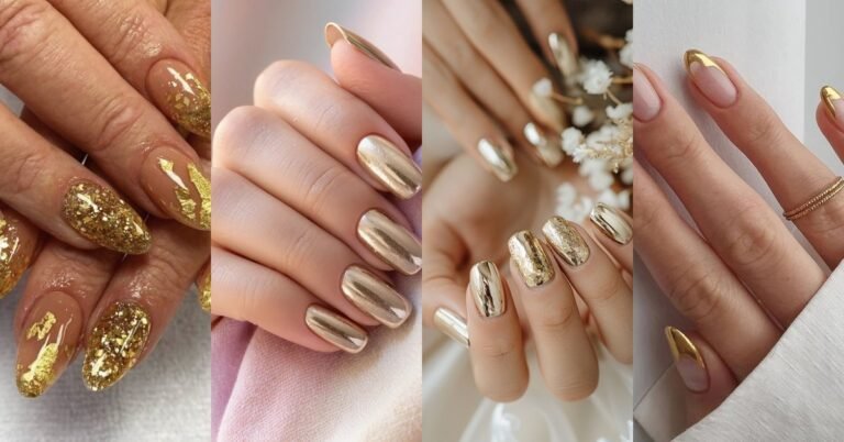 Gold mother of the groom nail ideas collage featuring French tips, chrome, glitter and floral gold nail designs
