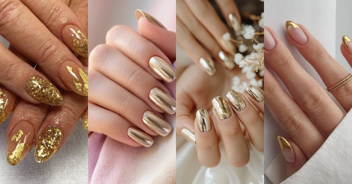 Gold mother of the groom nail ideas collage featuring French tips, chrome, glitter and floral gold nail designs