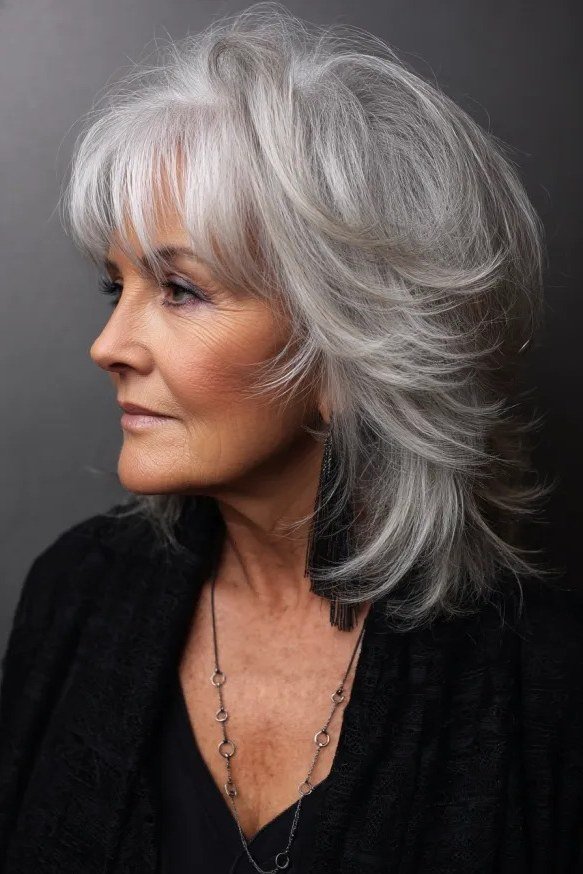 Silver Layered Bob with Curtain Bangs for women over 60, grey hairstyle with bangs