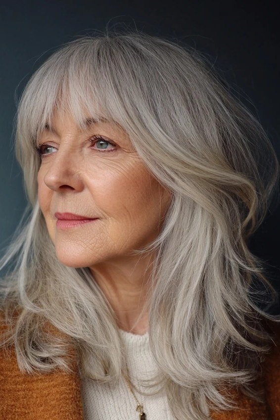 Silver-White Long Layers with Wispy Bangs for women over 60, grey hairstyle with bangs