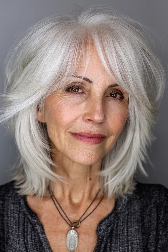 Silver Shaggy Bob with Choppy Bangs for women over 60, grey hairstyle with bangs