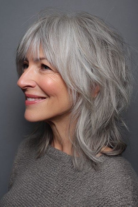 Ash-Grey Textured Bob with Side-Swept Bangs for women over 60, grey hairstyle with bangs