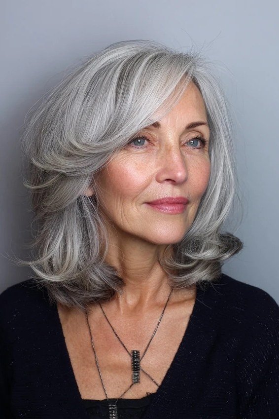 Silver Lob with Long Side-Swept Bangs for women over 60, grey hairstyle with bangs