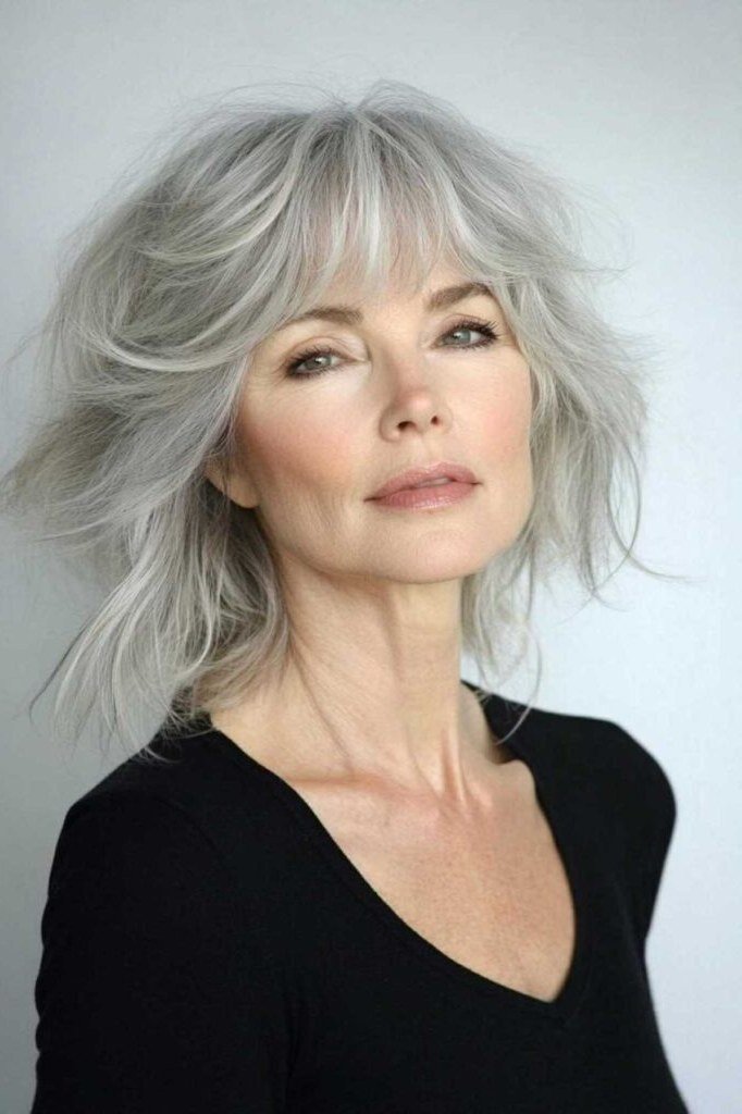 Silver Shaggy Shoulder Cut with Feathered Bangs for women over 60, grey hairstyle with bangs